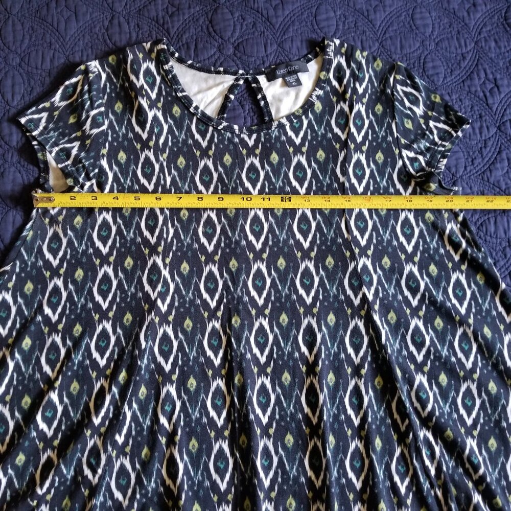 NWOT Karen Kane Ikat Print Crew-neck Cap-sleeve Hi-Lo Elliptical Top Made in USA - Picture 8 of 11